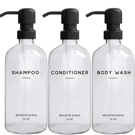 Clear Shampoo and Conditioner Dispenser Set by Brighter Barns - Body Wash, Shampoo Dispenser for Shower with Pump - Refillable Plastic Shower Bottles for Bathroom Decor in Home, Airbnb, Hotel (Clear)