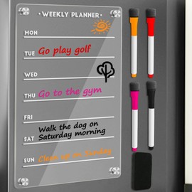 Acrylic Magnetic Calendar for Fridge, Weekly Planner Transparent Dry Erase Board for Refrigerator includes 4 Colors Markers and Eraser Apartment Decor Must Haves Acrylic Board for Kitchen（12"X8"）