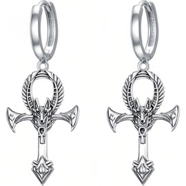 PROESS Ankh Cross Earrings 925 Sterling Silver Anubis Hoop Earrings Egyptian Jewellery Christian Gifts for Men Women, Sterling Silver