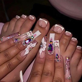 French Tip Press on Nails Long & Press on Toenails Set, Rhinestone Flowers Fake Nails White French Acrylic Toenails Square False Nails Press ons Full Cover Glue on Nails for Women Manicure 48Pcs