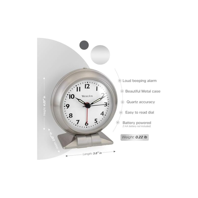 Westclox Classic Alarm Clock – Silver Finish, 4.75W x 5.5H
