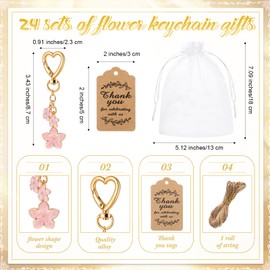 Yuntau 24 Set Pink Flower Keychain Bulk Party Favor Gifts Daisy Keyring Flower Keychain Present with Thank You Tags Organza for Guests Women Bag Wallet Purse Charms Wedding Bridal Party Supply