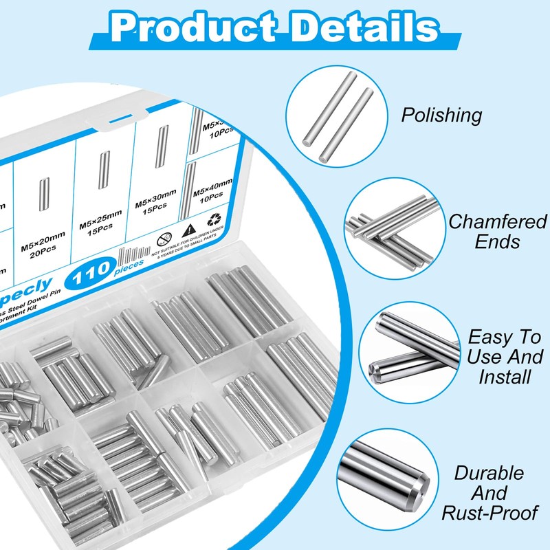 Yinpecly 110 Pcs 304 Stainless Steel Dowel Pin, M5 Cylindrical