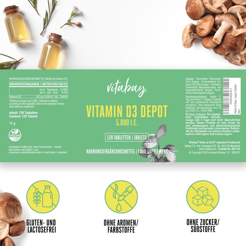 Vitamin D3 Depot 5,000 IU. Only One Vegan Tablet /