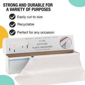White Plastic Table Runner Roll in A Slide Cutter Box - 14 in. X 200 Ft. Plastic Roll in A Cut-to-Size Box with Convenient Slide Cutter - Cuts Up to 24 8-Foot Plastic Disposable Table Runners