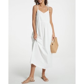 YEXPINE Spaghetti Strap Maxi Dress for Women Sleeveless V Neck Summer Flowy Cami Dress Beach Long Dresses with Pockets White