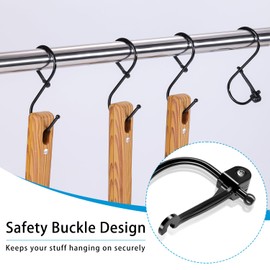 S Hooks, 20pcs S Shaped Hooks for Hanging with Safety Buckle, Heavy Duty Metal for Kitchen, Bathroom, Outdoor, Garden, Office, Black