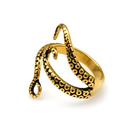 PAURO Stainless Steel Punk Octopus Tentacle Sea Monster Kraken Squid Opening Ring for Men Adjustable Gold