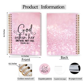 GDJIEGBC Bible Pink Christian Notebook,God is Within Her She Will Not Fall Bible Journal, Prayer Journal for Woman, 5.5x8.3 Inch.Church Notes Notebook, Scripture Spiral Notebooks