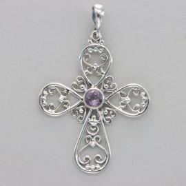 Amber America Facetted Purple AMETHYST Cross Pendant - 925 STERLING SILVER Natural #28e