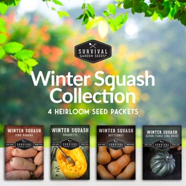 SURVIVAL GARDEN SEEDS Winter Squash Seed Collection - Butternut, Acorn, Pink Banana, Spaghetti Squash - 4 Non-GMO Heirloom Vegetable Varieties for Planting and Growing in The Home Vegetable Garden - Survival Garden Seeds
