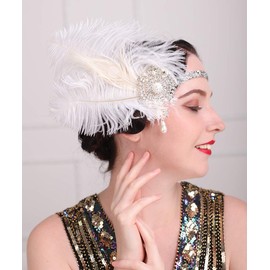 Aimimier Bridal 1920s Flapper Feather Headband with Diamond Head Chain Roaring 20s Gatsby Headpiece Masquerade Hair Jewelry for Women and Girls