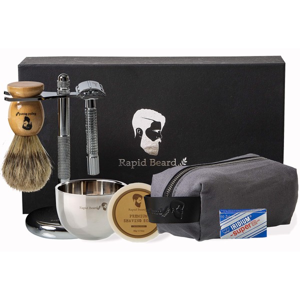 Shaving Kit for Men Wet Shave - Safety Razor with 10 blades, Shaving Badger Hair Brush, Sandalwood Shaving Soap Cream, Shaving Stand, Stainless Steel Bowl Mug, Canvas Dopp Kit - Gift Set