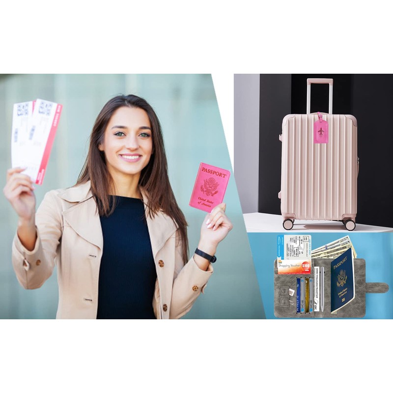 Passport Holder With Luggage Tag Cover Wallet RFID Blocking Leather