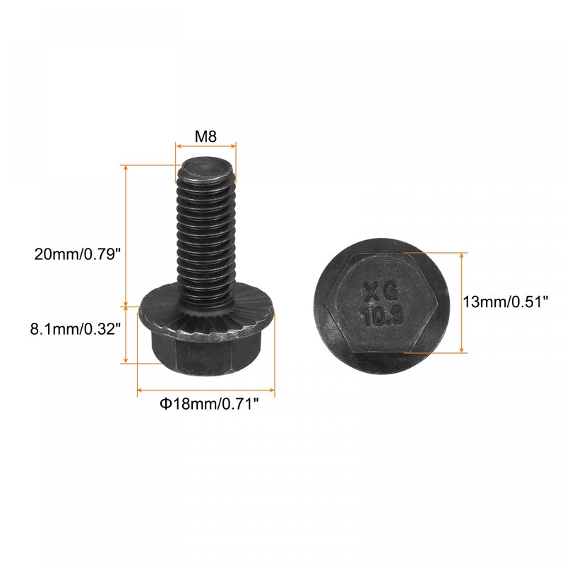 sourcing map M8-1.25x20mm Hex Serrated Flange Bolts 10.9 Grade Carbon