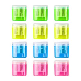 12 Pieces Pencil Sharpener, Manual Pencil Sharpener, Double Sharpener with Container Lid, Colourful Pencil Sharpener for Children, Students, School, Home, Office Supplies