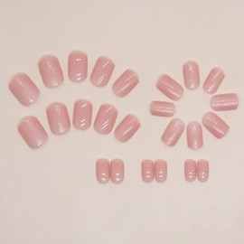 Glitter Nude Pink Press on Nails Short Square Sparkly Fake Nails Glossy Solid Color False Nails Full Cover Stick on Nails Acrylic Artificial Nails Glue on Nails for Women &Girls Nail Decorations 24Pcs