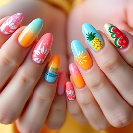 Summer Beach Press on Nails Medium Almonds Fake Nails Colorful Gradient False Nails with Coconut Tree Fruit Design Glossy Full Cover Glue on Nails for Women Flower False Nails 24Pcs