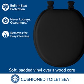Mayfair Padded Toilet Seat, Cushioned Soft Vinyl over Wood Core Seat, Secure Hinges, Easy Clean, Made in USA, Round, Black