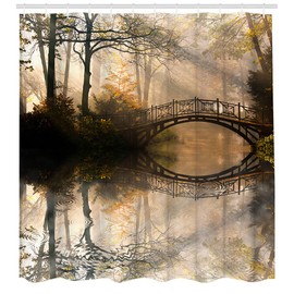 Autumn Forest Shower Curtain Old Wooden Jetty on a Lake with Fallen Tree Leave Cloth Fabric Bathroom Decor Set with Hooks Fall Nature Scenery Bathtub Curtain 72x72 Inch