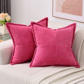HAUSSY Hot Pink Throw Pillow Covers 20x20 Inch Set of 2, Soft Solid Corduroy Striped/Wide Bordered,Square Decorative Cushion Case,Modern Home Decor for Couch,Bed