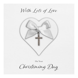 Christening Card "Diamanté Cross Charm & Bow" - Handmade UK (White Heart/White Bow)