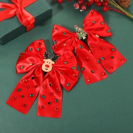 2PCS Christmas Hair Bow Clips for Women Christmas Accessories Xmas Bow Tree Reindeer Snowflake Hair Bows Silky Satin Red Green Bows Holiday Hair Ribbons Christmas Outfits Holiday Gifts