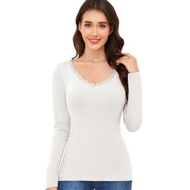 Women's Long Sleeve Thermal Shirts Scoop Neck Underwear Lightweight Base Layer Tops with Warm Fleece Lining (White, Small)