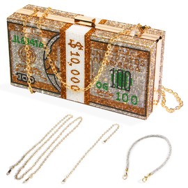Money Clutch Purses for Women, Stack of Cash Dollars Crystal Clutch Purses, Gold, S