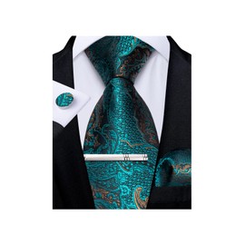 DiBanGu Mens Teal Paisely Tie Silk Woven Necktie and Pocket Square cufflinks Tie Clip Set