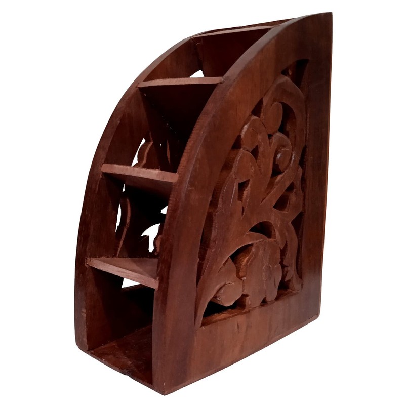Purpledip Carved Wooden Remote Control Holder Organizer With 5 Slots
