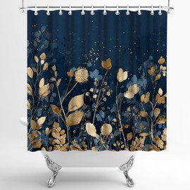 LeAquaNook Navy Blue Shower Curtain Dark Blue and Gold Leaf Shower Curtains for Bathroom Decor Sets Plant Botanical Print Waterproof Cloth Fabric with Hooks
