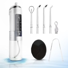 Water Flosser for Teeth Cordless, Professional Electric Flosser, IPX7 Portable Oral Irrigator, White Waterproof Dental Care, 6 Cleaning Modes, 4 Jet Tips with Tongue Scraper + Lip/Face Scrubber