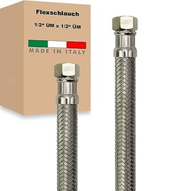 Flexible Hose Nut x Nut Stainless Steel Reinforced Hose Connection Hose Sanitary Tap Hose Domestic Waterworks Made in Italy (1/2 Inch x 1/2 Inch - 300 mm)
