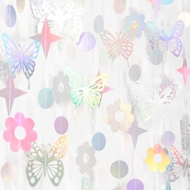 Iridescent Butterfly Girl-Birthday Party-Decorations Garland-Streamers - 52Ft Baby Shower Bachelorette Holographic Hanging Banner Decor,Engagement Garden Classroom Pastel Glitter Backdrop Huglony