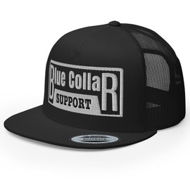 RIVEMUG NG Support Blue Collar Flat Bill Embroidered Trucker Hat High Crown Adjustable Cap