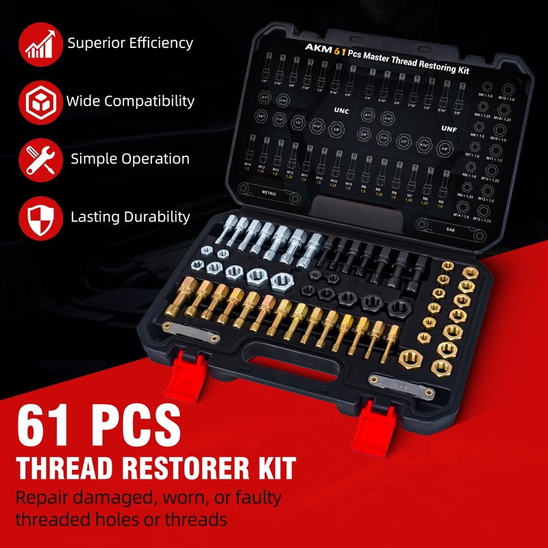 AKM 61Pcs Thread Restorer Kit, Rethread Repair Tool, UNC UNF