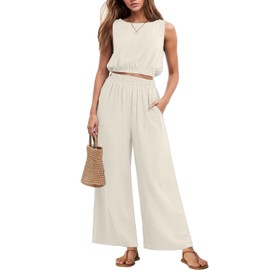 GRECERELLE 2 Piece Outfits for Women Sleeveless Crop Top Wide Leg Pants Cruise Outfits for Women 2025 Ivory white-L