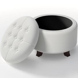 OS MOTOR Ottoman,Round Leather Foot Rest Stool, Upholstered Large Ottoman Chair with Storage for Living Room & Bedroom, Decorative Home Furniture, White