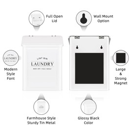 Candco Magnetic Lint Bin for Laundry Room, Metal Lint Container with Lid and Brush, Wall Mounted Lint Box for Dryer, Farmhouse Laundry Room Decor, White