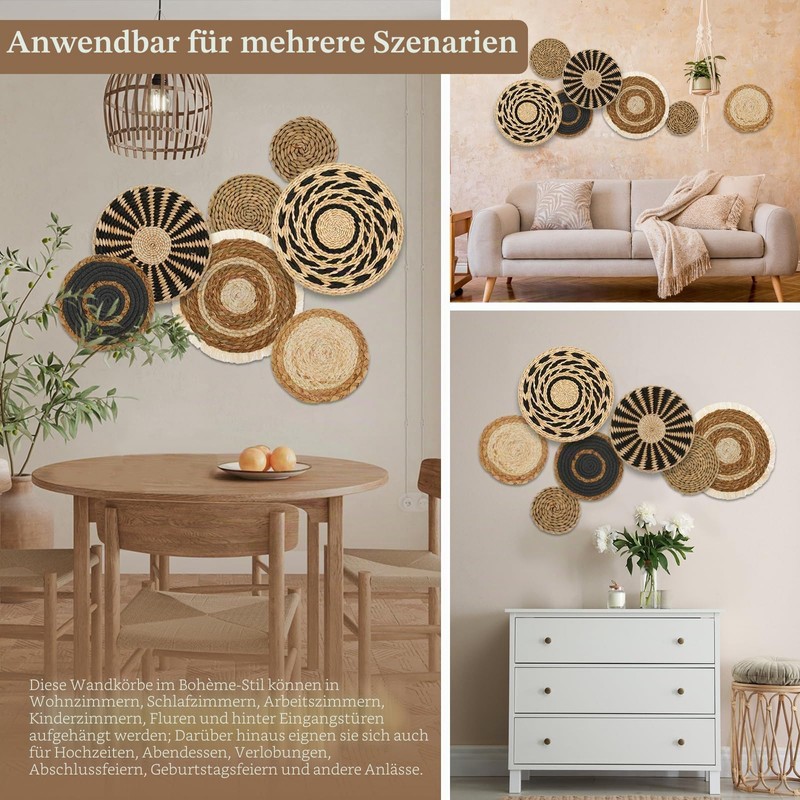 7 Pieces Wall Baskets Bohemian Handmade Wall Decor Rattan Round