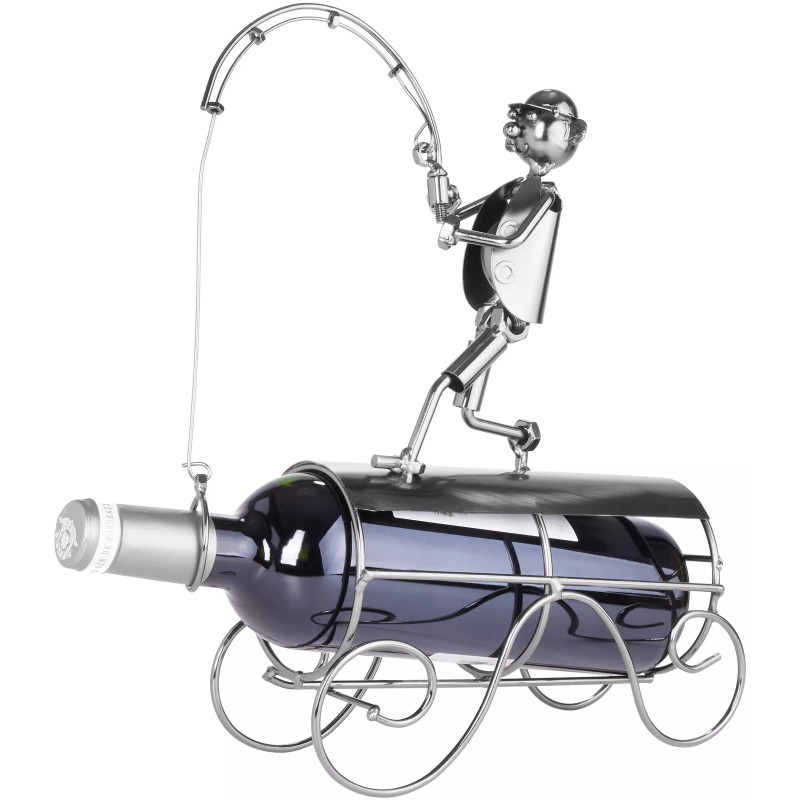 BRUBAKER Wine Bottle Holder 'Fisherman Catching Fish' - Metal Sculpture