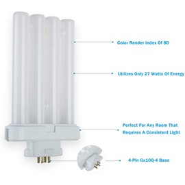 DYSMIO Compact Fluorescent 27W Quad Tube,3000K Warm White Light FML Light Bulbs with GX10Q-4 Base – 4 Pack