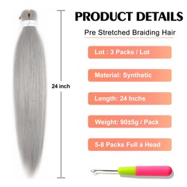 ADIASAI Braiding Hair Pre Stretched 24 Inch 3 Packs, Grey Pre stretched Braiding Hair for Professional Braiding Hair Extensions, Hot Water Setting Yaki Texture Synthetic Hair