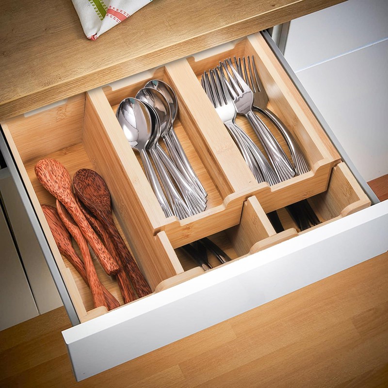 Okllen Bamboo Kitchen Drawer Organizer, Stackable 2-Tier Utensil Drawer Organizer