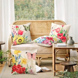 KHOYIME Outdoor Pillow Covers 18x18 Waterproof, Decorative Throw Pillow Cover with Floral Butterfly, Farmhouse Linen Flower Pillowcase Cushion Cases Patio Couch Sofa Decorations Home Decor Set of 4
