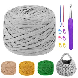 MeYuxg 285 g/80 m T-Shirt Yarn, T-Shirt Yarn for Crochet for Beginners, T-Shirt Yarn with 5.0 mm Crochet Hook, Textile Yarn for Crochet Bags, Carpets, Dolls, Cushions and Wall Hangings (Grey)