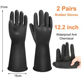 2 Pairs 12" Heavy Duty Rubber Gloves, Chemical Reusable Resistant Gloves PPE Industrial Safety Work Long Gloves Waterproof, Resist Strong Acid, Alkali and Oil, Non-Slip Black Rubber Gloves