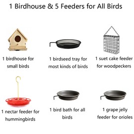 5 Feeders + 1 Birdhouse Bird Feeding Station 90" Height 1" Diameter Outdoor Stand with 5-Prong Base Attract Wildbird to Yard Garden Patio