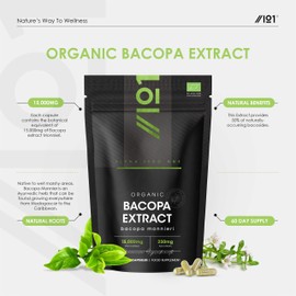 Organic Bacopa Monnieri Capsules 15,000mg - 50% Bacosides (250mg per Cap) - 60 Count - High Strength 30:1 Brahmi Supplement - Resealable and Recyclable Pouch by Alpha01